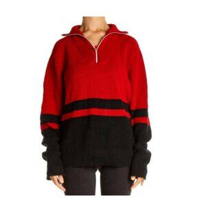 Lauren Ralph Lauren Red & Black Half-Zip Sweater Womens L Cotton Knit Striped De